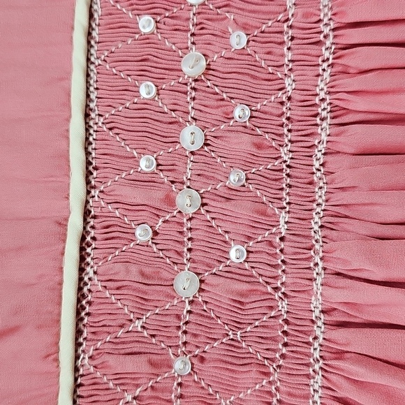 Hand Made Pink Smocked Dress Lace Trim Button Detail Puff Sleeve Tie Waist - Picture 3 of 10